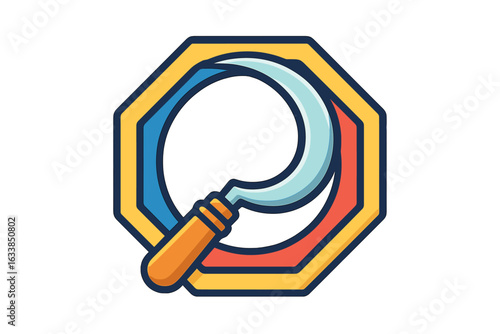 Colorful sickle emblem vector illustration, agricultural hand tool icon, harvest farming concept, octagonal frame graphic, vintage farming tool, isolated symbol for agriculture design