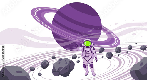 Astronaut Exploring Exoplanet In Orbit With Rings And Asteroid Field