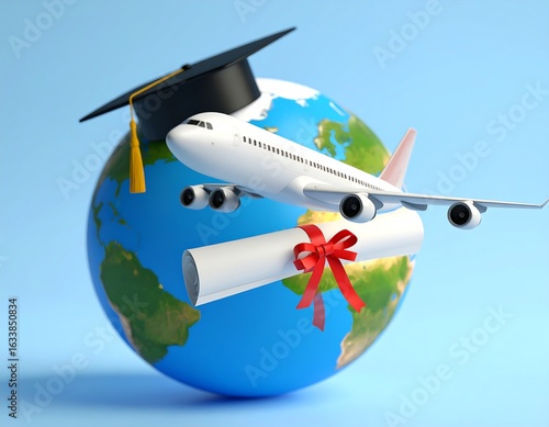 Graduation cap, diploma, and airplane above a globe; symbolizes global education or study abroad