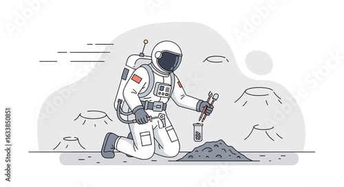 Astronaut Exploring New Planet Surfaces And Gathering Material Samples In Space