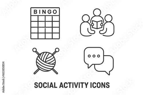 Social activity icons set. Outline vector illustrations of bingo card, group book club, knitting circle, group chat, speaking, reading, hobby, friendship, communication, social meeting, leisure