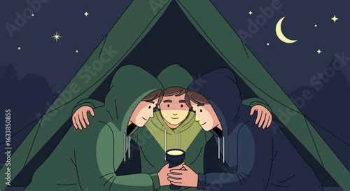 Camping Friends Together Share Stories In Tent With Flashlight Under Stars