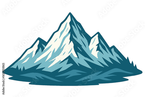 Majestic snowy mountain peaks vector illustration. Winter alpine landscape, ice covered rugged summit, isolated rocky formation, dramatic scenery, wilderness adventure, travel nature background