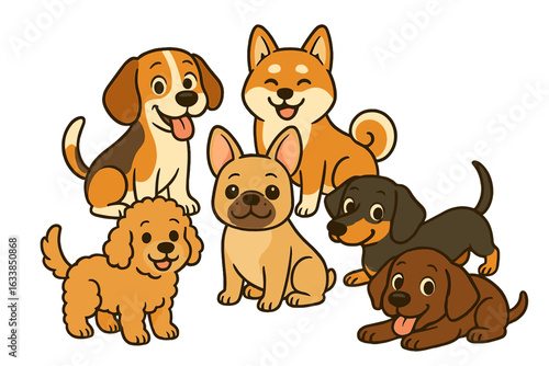 Adorable cartoon dogs of various breeds together, playful group pet animal collection, cute vector illustration of beagle, shiba inu, french bulldog, dachshund, poodle, smiling happy puppies, isolated