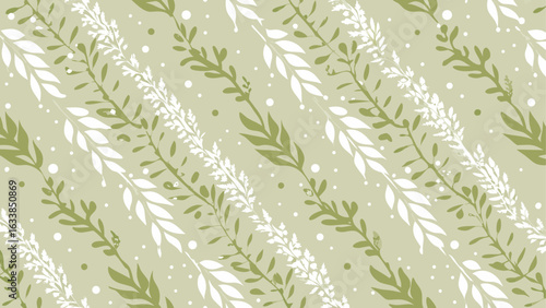 Aesthetic background with diagonal rows of green and white leaves and scattered white dots design