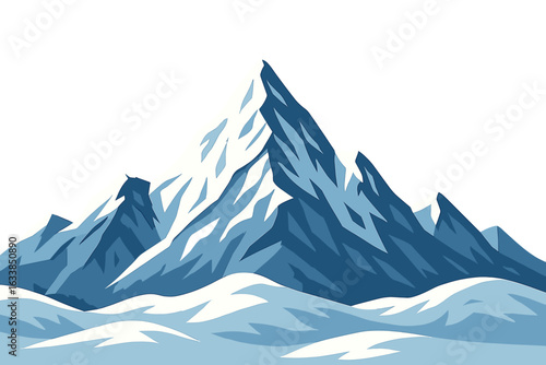 Majestic snowy mountain peaks, winter alpine landscape, icy summit with crisp white snow, dramatic rugged cliffs, blue tones, serene wilderness, vector illustration, travel adventure nature background