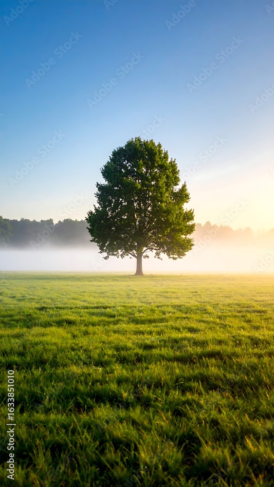 Obraz premium Single tree in a field of grass, sunrise/sunset