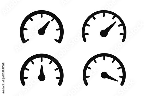 Speedometer icon set with four vector illustrations on transparent background, gauge meters, dashboard indicators, car speed symbols, automotive performance graphics