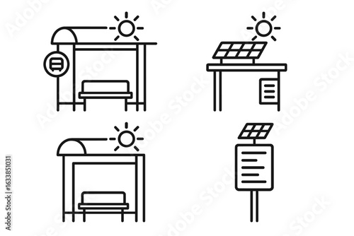 Solar Powered Bus Stop Icons Set. Outline vector collection of eco-friendly bus shelters, solar panel roofs, seating benches, timetable displays, sustainable urban transport infrastructure elements