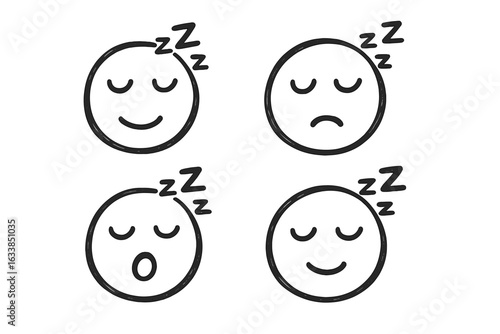 Hand-drawn sleeping emoji set of 4, doodle style emoticons expressing sleep, rest, tiredness, relaxation, and peaceful night, vector illustration on transparent background