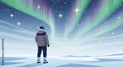 Captivating Aurora Borealis Scenery With Lone Hiker Gazing At The Night Sky