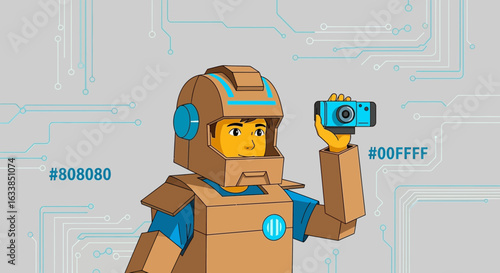 Boy Imagining Himself As A Robot In Cardboard Suit Is Holding Camera
