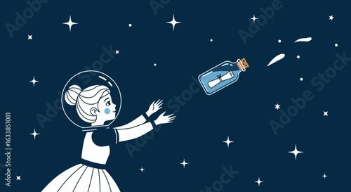 Astronaut Girl Reaching For A Message In A Bottle Amidst The Stars