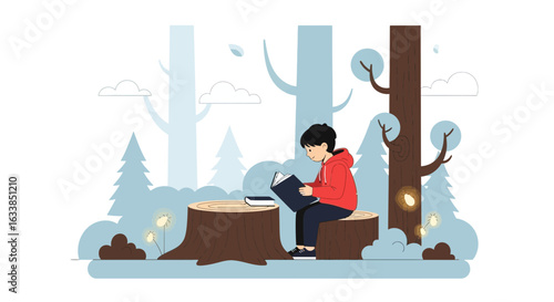 Boy Immersed In Forest Glade Story Adventure Peaceful Moment Illustration