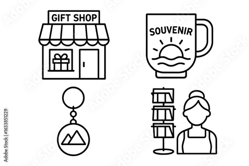 Souvenir shop outline icon set. Gift shop building, souvenir mug, keychain, postcard stand, shop assistant. Vector line illustration. Travel gift, tourism, memorabilia, tourist destination concept.