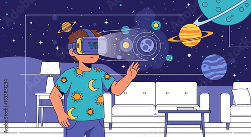 Boy Immersed In Virtual Reality Exploration Of Planets And Cosmic Wonders