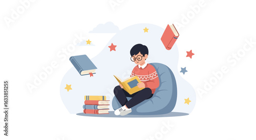 Boy Immersed In Reading On A Comfortable Beanbag Chair Surrounded By Books
