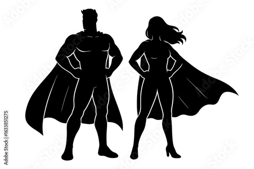 Silhouette of Superhero Couple Flying Together Dynamic Vector Illustration Transparent Background Heroic Duo in Action Powerful Male and Female Superheroes