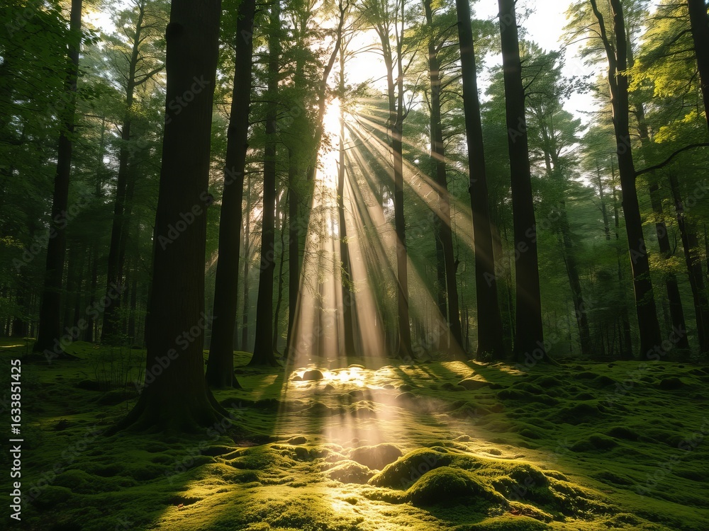 Naklejka premium Sunlight streaming through tall trees in a green mossy forest creating a serene scene