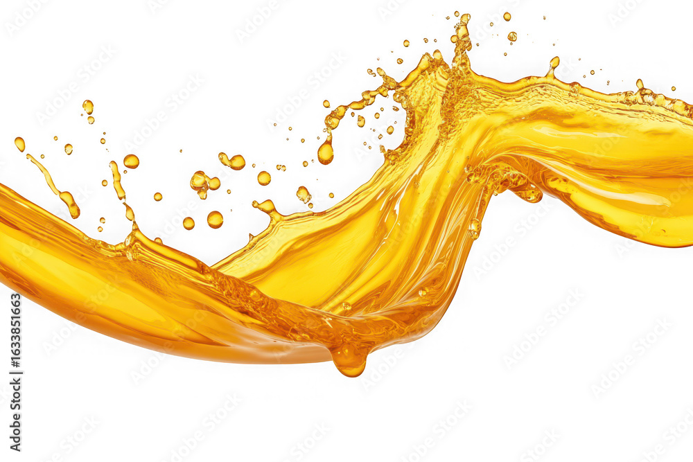 Fototapeta premium Dynamic golden liquid splash, fluid motion, wave, beverage, juice, oil, honey, or syrup, graphic resource, isolated on transparent background