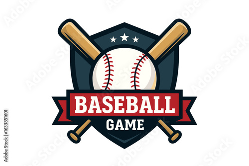 Baseball championship emblem vector, crossed bats, baseball ball, tournament badge, sports logo, team club crest, athletic competition, vintage retro style, shield, stars, dynamic icon