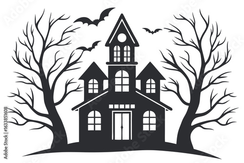 A spooky black and white haunted house stands between barren trees as bats fly