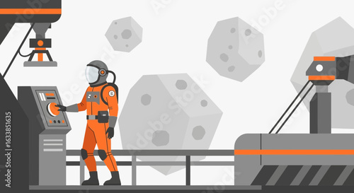 Astronaut Operates Machinery In Distant Planetary Industrial Outpost Setting