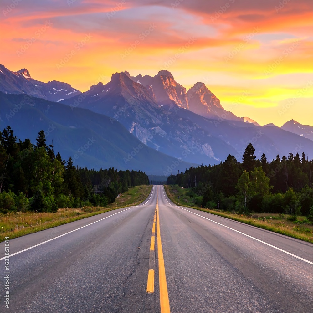 Naklejka premium Scenic highway at sunrise through mountains