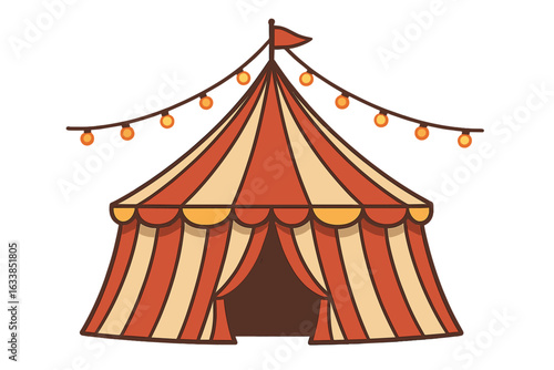 Carnival circus tent with garland lights. Vintage big top striped red yellow marquee isolated. Festival fairground event party tent entrance. Amusement show attraction vector illustration.