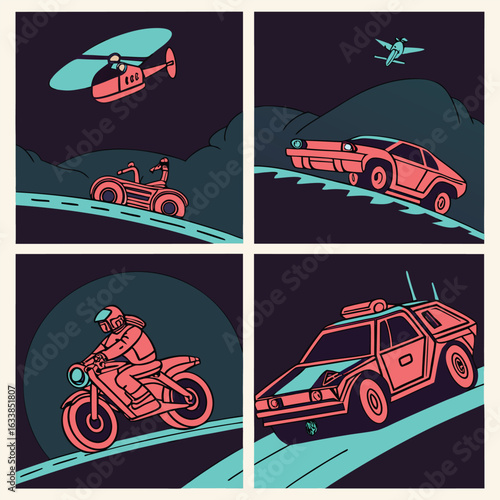 A cyberpunk vehicle vector bundle neon-lit motorcycles hover taxis armored drones delivery bots and anti-grav race cars. Futuristic designs with glowing highlights on dark backdrops