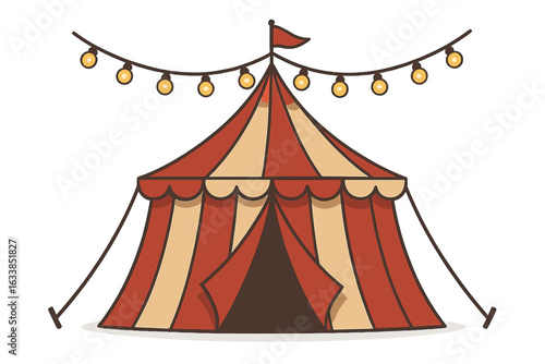 Circus tent with string lights festive carnival marquee red and yellow striped stripes vector illustration event party fairground entertainment amusement performance celebration outdoor scene