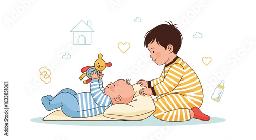 Caring Brother Playing With His Baby Sibling In A Home Environment Illustration