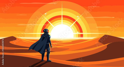 Astronaut Stands In Desert Landscape Watching Bright Rising Sun