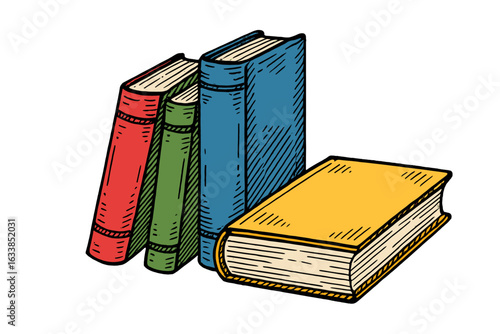 Hand drawn sketch illustration of colorful stacked books, education and literature concept, school or library learning, red green blue yellow book covers, isolated on transparent background