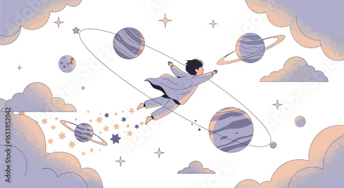 Boy In Pajamas Flies Through Cartoon Space Among Planets And Clouds