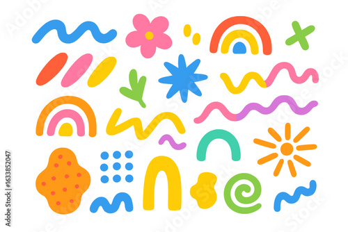 Vibrant abstract doodle shapes, wavy lines, rainbows, flowers, sun, playful geometric patterns, color blobs, modern kids decor, artistic vector elements, hand-drawn creative design