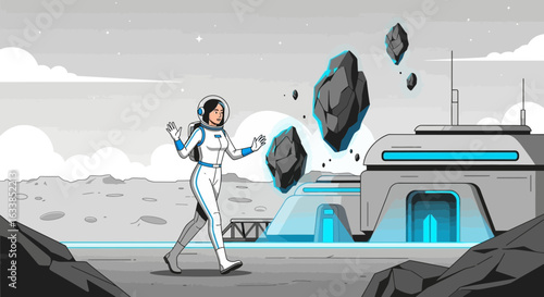 Astronaut Woman Exploring Futuristic Lunar Base During Space Exploration Mission
