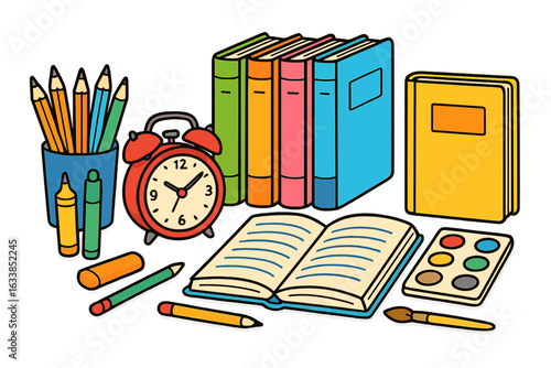 Colorful School Supplies, Books, Alarm Clock, Pencils, Art Materials on Desk. Vector Illustration for Education, Back to School, Classroom Learning, Stationery, Study, Homework, Academic Tools