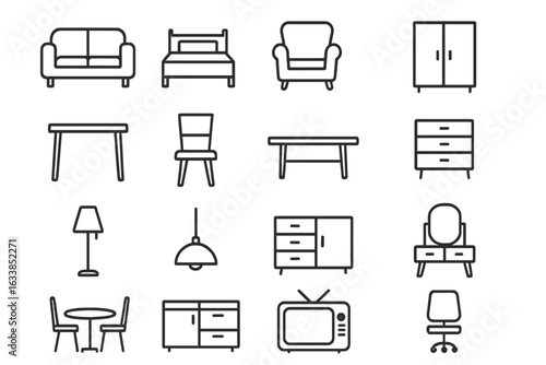 Minimalistic Black and White Furniture Icons Set. Modern Line Art Household Furniture, Sofa, Bed, Chair, Table, Lamp, Cabinet, Armchair, Desk, Dresser, TV, Sideboard. Vector Home Interior Illustration