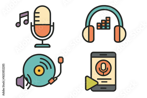 Creative audio podcast icons collection. Colorful vector illustration set featuring microphone, headphones, vinyl record, mobile recording. Modern sound equipment, music streaming, media elements