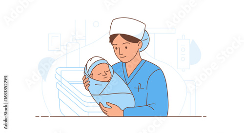 Caring Nurse Holding Newborn Swaddled in a Blue Blanket in Hospital Setting