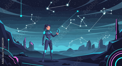 Astronaut Woman Exploring Alien Planet With Star Constellations Above Her