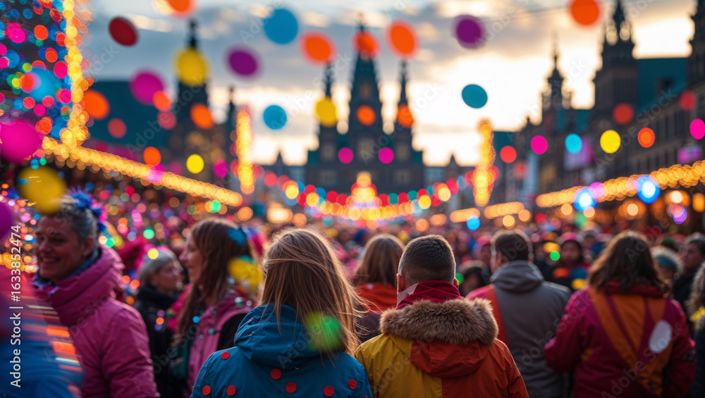 Naklejka premium A vibrant crowd celebrates at a colorful carnival with decorative lights and buildings.