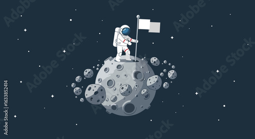 Astronaut's Mission On Faraway Moon With Asteroids In Space And Stars