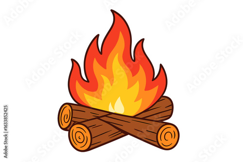 Cartoon campfire vector illustration with burning fire, wooden logs, flame, heat, bonfire, outdoors, nature, camp, adventure, hiking, travel, transparent background, isolated clip art