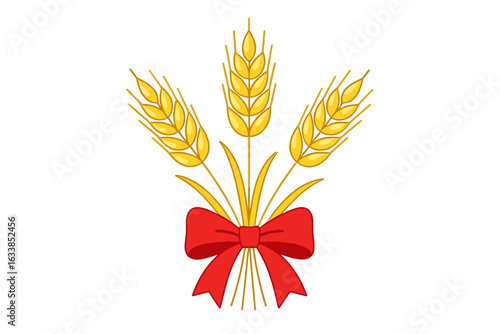 Golden wheat ears bundle with red ribbon bow. Harvest agriculture symbol. Ripe grain stalks isolated vector. Rustic farming motif. Organic food ingredient design. Transparent background illustration.