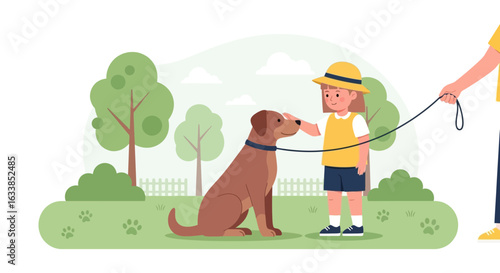 Caring Young Girl Petting Her Loyal Dog Outdoors With Parent Supervision