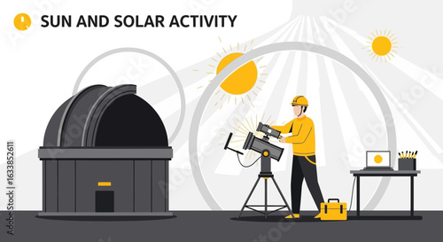Astronomer Observes Sun Through Telescope In Observatory During Solar Activity