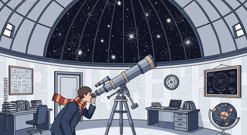 Astronomer Observing Deep Cosmos Celestial Scenery In Observatories Dome Illustration