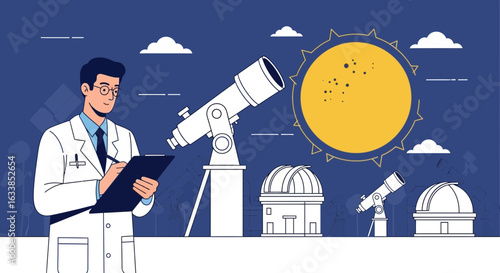 Astronomer Observing Sun With Telescope And Taking Notes In His Clipboard